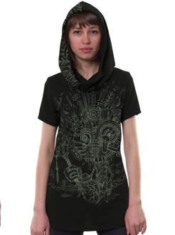 psychedelic abstract women open back hooded black shirt